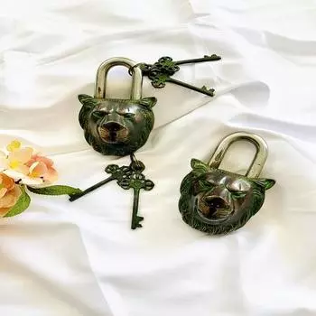 Лев латунный старинный функциональный замок с двумя ключами уникальный навесной замок в виде животного антикварный