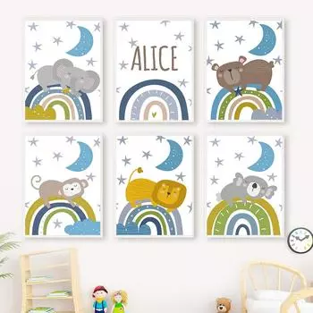 Лев Обезьяна Слон Коала Медведь Ленивец Радуга Детская Стена Искусства Холст Картины Плакаты и Отпечатки Настенные Панно Декор Детской Комнаты A4 21X30cm No Framed