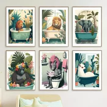 Лев, слон, фламинго, коала, альпака, зебра, ванна, животное, настенная живопись на холсте, плакат и принты, настенные панно, декор для ванной комнаты 21x30cm No Framed