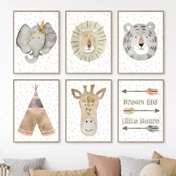 Лев, слон, медведь, жираф, тигр, палатка, лук и стрелы, настенные художественные постеры, принты, скандинавская картина на холсте, мультяшные картинки, детская комната 21cm30cm NoFrame