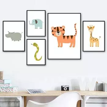 Лев, слон, зебра, художественный холст с принтом, детский постер, детская картина, цветок, животные, настенное искусство, скандинавский постер, изображение, декор для детской комнаты 21cm30cm NoFrame