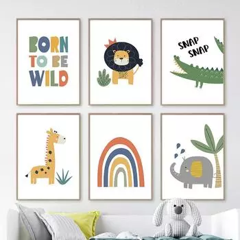 Лев, слон, жираф, крокодил, радуга, цитаты, настенная живопись на холсте, постеры на скандинавскую тему и принты, настенные панно, декор для детской комнаты 21cm30cm NoFrame