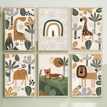 Лев, слон, жираф, тигр, динозавр, радуга, детская настенная живопись, холст, скандинавские постеры и принты, картина, декор детской комнаты для малышей 21cm30cm NoFrame
