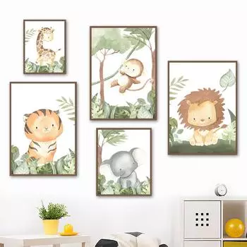 Лев, слон, жираф, тигр, обезьяна, бегемот, настенная живопись на холсте, постеры на скандинавскую тему и принты, настенные панно, декор для детской комнаты 21cm30cm NoFrame