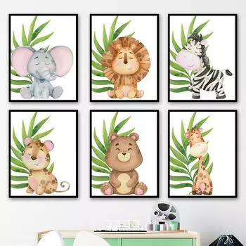 Лев, слон, жираф, зебра, медведь, леопард, плакаты на скандинавскую тему и принты, настенная живопись на холсте, настенные картины с животными, декор для детской комнаты 21cm30cm NoFrame
