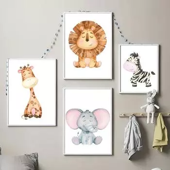 Лев, слон, жираф, зебра, обезьяна, настенное искусство в детской комнате, холст, картина, скандинавские постеры и принты, настенные картины, декор детской комнаты 21x30cm No Framed