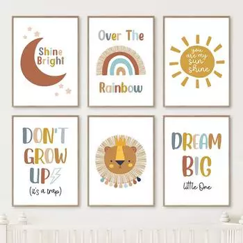 Лев Солнце Радуга Луна Гора Мечта Цитаты Плакаты Печать Холст Картина Мультфильм Настенные Картины Для Детской Комнаты Декор 21X30cm No Frame