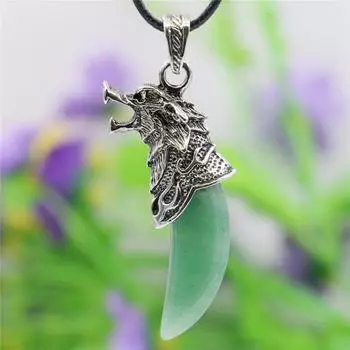 Лев в реве Полумесяц Зеленый авантюрин Синий лазурит Белый лунный камень Ожерелье с подвеской Черная веревочная цепочка Ювелирные изделия для девочек