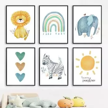 Лев Зебра Радуга Слон Бегемот Животные Солнце Настенное Искусство Детские Плакаты И Принты Для Детской Комнаты Детский Декор Картина На Холсте 21x30cm No Framed