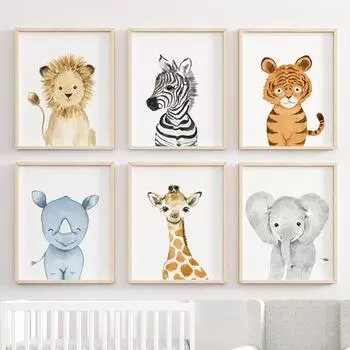 Лев Зебра Жираф Тигр Слон Обезьяна Носорог Детские Плакаты И Принты Холст Картины Настенные Картины Детская Комната Домашний Декор 21X30cm No Frame