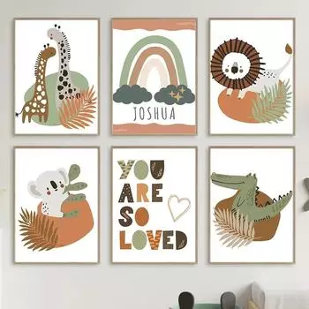 Лев, жираф, коала, радуга, детская настенная живопись, холст, скандинавские постеры и принты, мультяшная настенная картина, декор детской комнаты 21x30cm No Framed