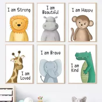 Лев Жираф Слон Бегемот Крокодил Сафари Детская Настенная Живопись Холст Картины Плакаты и принты Декор Фотографии Детская Комната A4 21X30cm No Framed