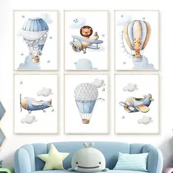 Лев Жираф Слон Самолет Воздушный шар Детская Настенная картина на холсте Плакаты на скандинавскую тему и принты Фотографии Декор для детской комнаты 21x30cm No Framed