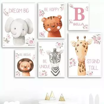 Лев Жираф Зебра Слон Пользовательское Имя Детская Плакат на скандинавскую тему Настенная живопись Печать на холсте Картина для девочек Фотографии Для детской комнаты Декор 21x30cm No Framed