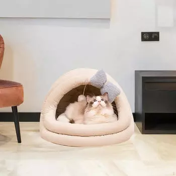 Лежак для кошек на зиму, закрытое гнездо с игровым мячом и бабочкой, нескользящий дизайн S