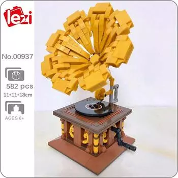 Lezi 00937 Ретро фонограф, граммофон, музыкальный плеер, музыкальный автомат, машина для записи, мини-блоки, кирпичи, строительные игрушки для детей, без коробки