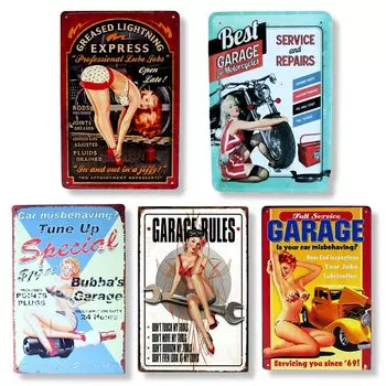 Лезлик Жестяная табличка Номерной знак Гараж Американский Ретро Товары для интерьера Настенное украшение Античный Винтажный стиль (Гаражная Леди)