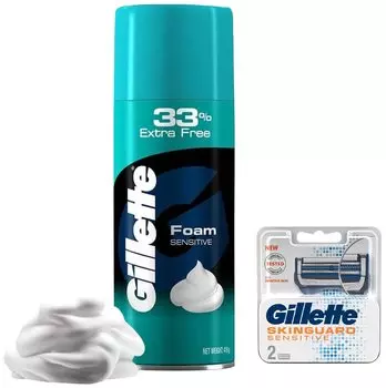Лезвия для бритья Gillette Skinguard для ручного бритья — упаковка из 2 картриджей и классическая пена для чувствительного бритья — 418 г (33% дополнительно)