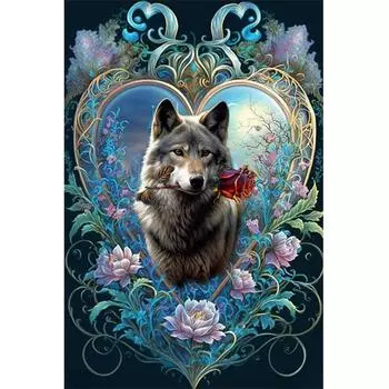 LF# 5D DIY Полная круглая алмазная картина Волк с розой Декор Искусство Ремесло 40x6