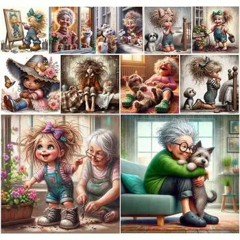 LF # 5D DIY Полный круглый дрель Алмазная картина Бабушка Девушка Комплект Домашний декор Art Cra K1839