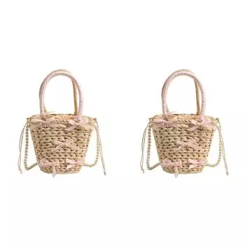 LF# Cute Bow Summer Straw Bag with Pearl Chain Strap Beach Bag for Women (Beige)