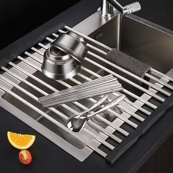 LFGB Certificate Detachable 304 Stainless Steel Kitchen Sink Foldable Water Channel 505x345mm Draining Rack for Family Washing
