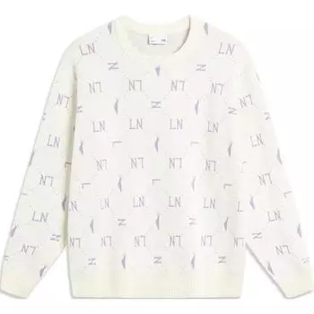 Li Ning All Over Print Letter Round Neck Удобный дышащий свободный трикотажный свитер для женщин, топы Off-White AMBT216-1 L