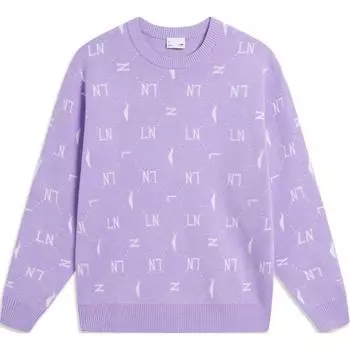Li Ning All Over Print Letter Round Neck Удобный дышащий свободный вязаный свитер для женщин, топы розово-фиолетового цвета AMBT216-2 M