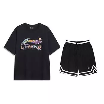Li-Ning American Hand-Painted Logo Round Neck Short Sleeve Loose Striped Comfortable Shorts Casual Sports Suit Unisex suit Black AHSU745-1+YAPV001-1 M