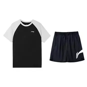 Li-Ning American Retro Fashion Simple Versatile Comfortable Color Block Crew Neck Pullover Casual Sports Suit Unisex suit ATSU783-1+YKSV197-2 L