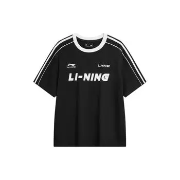 Li-Ning Американский ретро буквенный логотип в полоску с принтом вокруг шеи Свободная удобная повседневная футболка с короткими рукавами и заниженными плечами Топы унисекс Черный AHSU657-2 L