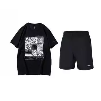 Li-Ning American Style Loose Round Neck Top Comfortable Versatile Breathable Casual Sports Suit Unisex Tops Black AHSUA27-2+YKST119-1 L