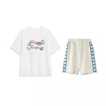 Li-Ning American Vintage Hand-Painted Logo Round Neck Pullover Short Sleeve Fashion Comfortable Shorts Casual Sports Suit AHSU745-2+YKSV129-1 S