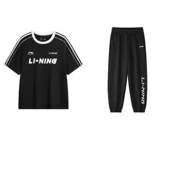 Li Ning Американская надпись в полоску Со спущенным плечом Удобный С коротким рукавом Простой принт бренда Длинные брюки Повседневный спортивный костюм Мужской костюм AHSU657-2+YYKU111-1 S