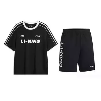 Li Ning Американская полосатая свободная универсальная футболка с коротким рукавом Простой модный дизайн Повседневный спортивный костюм Унисекс Топы Черный YHSV367-2+YKSV115-1 S