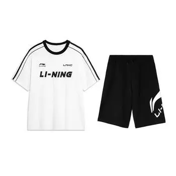 Li Ning Американский полосатый пуловер с круглым вырезом, с короткими рукавами, однотонные шорты, повседневный спортивный костюм, костюм унисекс YHSV367-1+AKSU911-1 S
