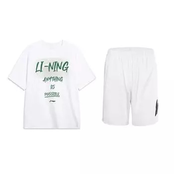 Li Ning Американский винтаж Круглый вырез Короткий рукав Эластичная талия Брюки до колена Повседневный спортивный костюм Костюм унисекс Белый AHSU803-1+YKSU157-1 S