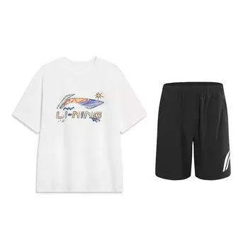 Li-Ning Американский винтаж Ручная роспись Короткий рукав Большой логотип Шорты со средней посадкой Повседневный спортивный костюм Костюм унисекс YHSV369-1+YKSV197-2 M