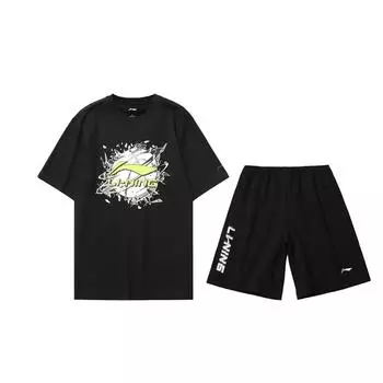 Li Ning Американский винтаж Уличная мода Удобный Простой Однотонный Принт с буквами Свободный Универсальный Повседневный Спортивный костюм AHSUA05-2+AKSU747-1 L