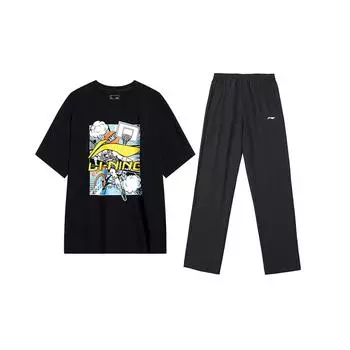 Li Ning Аниме Принт Пуловер Топ с короткими рукавами и удобные прямые брюки Повседневный спортивный костюм Мужской костюм Черный AHSU805-1+AYKU703-1 M