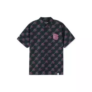 Li Ning Anti-Five Series Color Block Pattern Printed Прямой покрой однобортная повседневная рубашка с коротким рукавом унисекс рубашки черного цвета ASHR159-2 XL