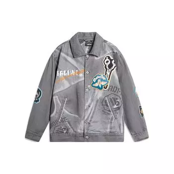 Li Ning Badfive Dragon Lifts Head Letter Pattern Printed Polo Loose Casual Denim Jacket Men Jacket Dark-Seree AFDU633-1