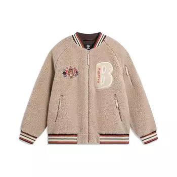 Li Ning Badfive Letter Print Knitted Sports American Vintage Winter Baseball Jacket Men jackets Light-Glaze-Brown AFMT017-1 L