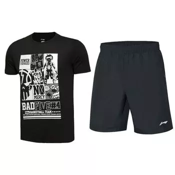 Li-Ning Badfive мультфильм узор букв спортивный повседневный дышащий быстросохнущий короткий рукав комплект мужские комплекты черный AHSS967-1+AKSS985-1 S
