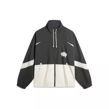 Li-Ning Badfive свободная ветровка с буквенным принтом и воротником-стойкой, противомикробная мужская ветровка, обсидиан-серый, гравийно-серый AFDU419-6 M