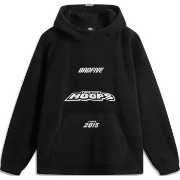 Li Ning Badfive Удобный повседневный свитер с капюшоном Свободный флисовый свитшот с буквенным принтом Простая мужская толстовка Черный AFDU495-1 S