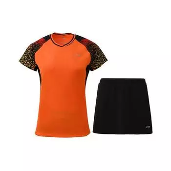 Li Ning Badminton Series быстросохнущий дышащий тренировочный спортивный комплект с коротким рукавом и юбкой для соревнований, женская спортивная одежда, огненно-оранжевый AATQ028-4 M