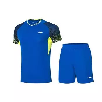 Li Ning Badminton Series Быстросохнущий повседневный спортивный комплект с коротким рукавом для соревнований, мужские комплекты Crystal-Blue AATQ023-1 M