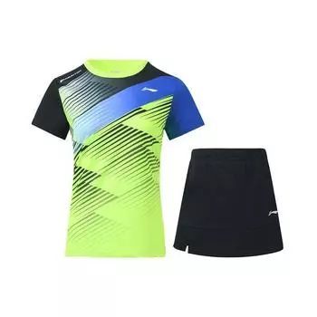 Li Ning Badminton Series быстросохнущий тренировочный комплект из футболки с коротким рукавом и юбки, женские топы флуоресцентно-желтого и зеленого цвета AATS008-3 XL