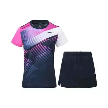 Li Ning Badminton Series быстросохнущий тренировочный комплект из футболки с коротким рукавом и юбки, летние женские топы, темно-синий цвет AATS008-2 M